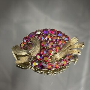Vintage Lisner Brooch Pin Aurora Borealis Rhinestone Gold Tone Swirl Oval Signed